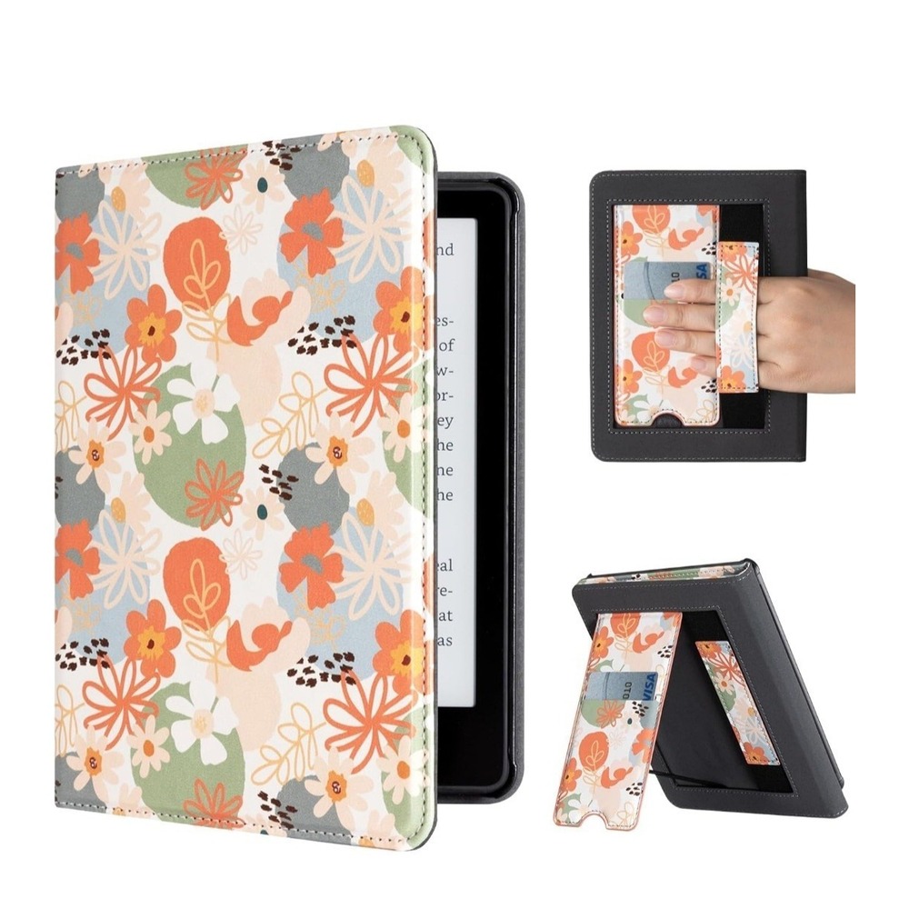 Floral Pattern Tablet Case with Hand Strap & Stand - Orange Green